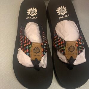 Yellow Box Black Flip Flops with Multicolor Woven Straps